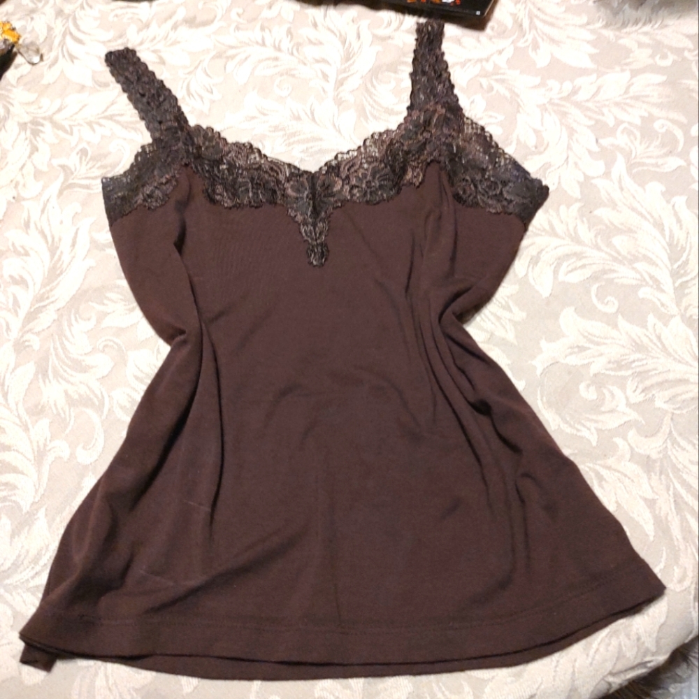 🔸🤎🔸Feminine Vintage Chocolate Brown Floral Lace Camisole Tank Top Blouse - M - Picture 6 of 16